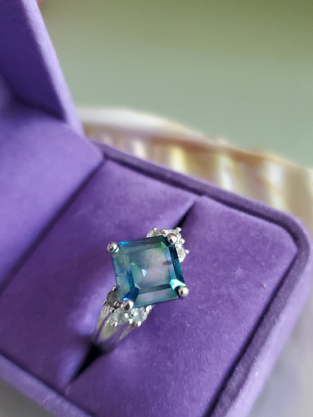 Blue-Green Square Gemstone Ring -sterling Silver Rodiim Plated Size 9